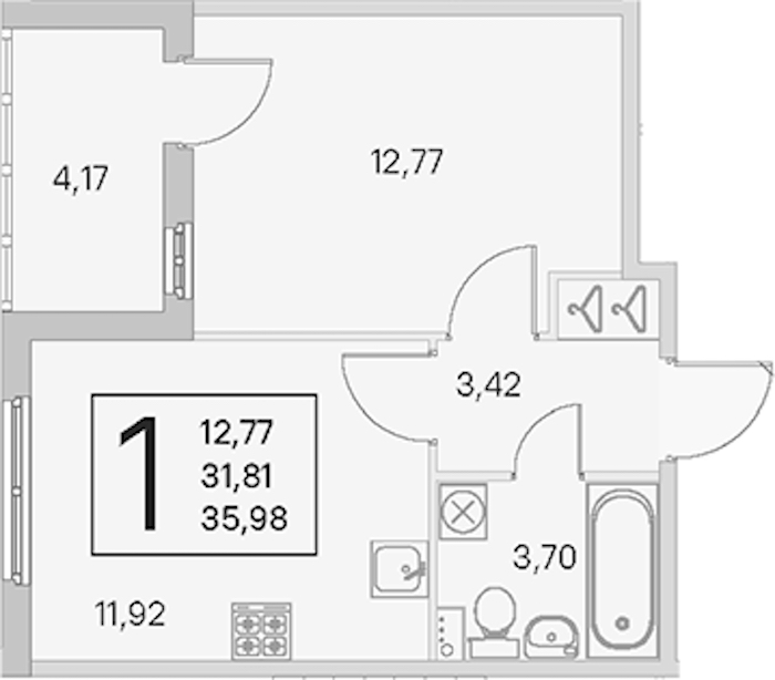 1-комнатная квартира 31.81 м², 1/4 эт., ЖК «Любоград в Стрельне»